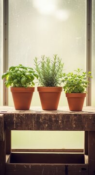 A rustic wooden workbench features terra cotta pots filled with aromatic basil, rosemary, and mint under soft, natural greenhouse lighting, horticulture, light, greenhouse