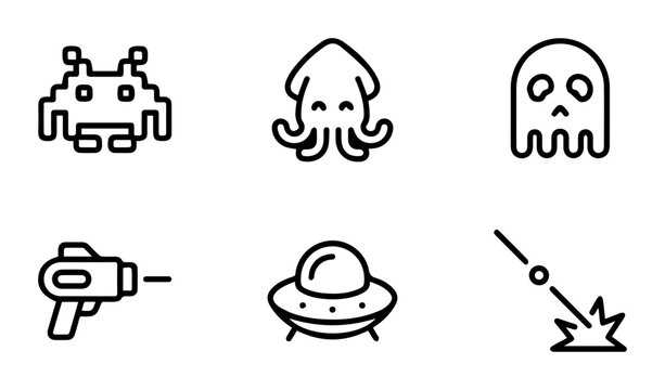 Retro Arcade Icons: Alien, UFO, Ghost, Ray Gun, Squid, Laser Blast Vector Set