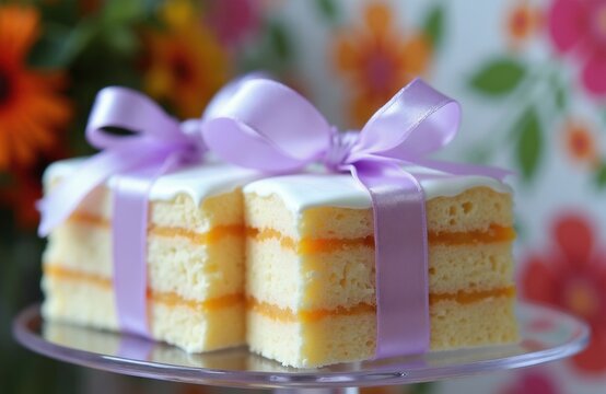 Traditional Brazilian Bem Casado wedding sweets decorated with lilac ribbon bows on glass stand. Soft sponge cake sandwich cookies with creamy filling sit at reception table. Floral background