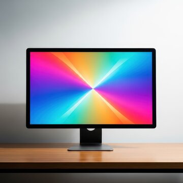 Modern black flatscreen TFT monitor standing on a clean wooden desk against a neutral wall in a bright office space with soft ambient light, computer, desk, tool