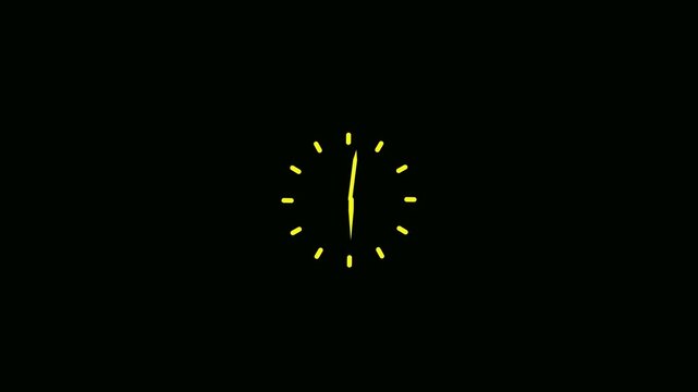 Yellow stylized clock hands rotating rapidly on a black background animation for time lapse and countdown effects suitable for video overlays and alpha channel compositing
