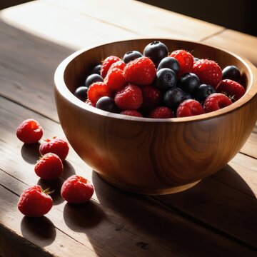 Fresh organic berries in wooden bowl on table near window generative AI