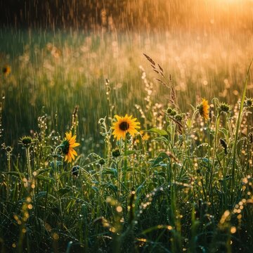 Vibrant sunlight illuminates an untamed meadow filled with tall grass and wild sunflowers as a sudden warm rain shower creates sparkles, glowing, sun, green