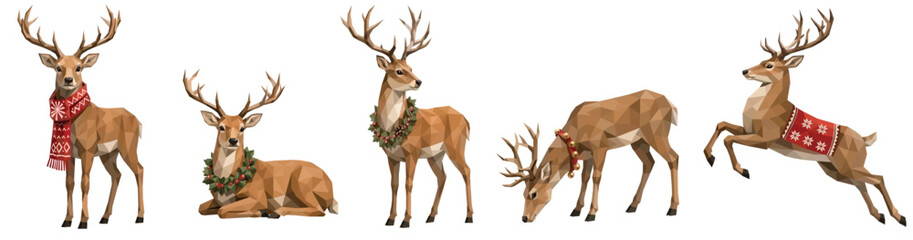 Christmas deer Low poly collection featuring five geometric reindeer in festive poses with scarves, wreaths and bells. Winter vector clipart isolated on white for holiday designs © Julia