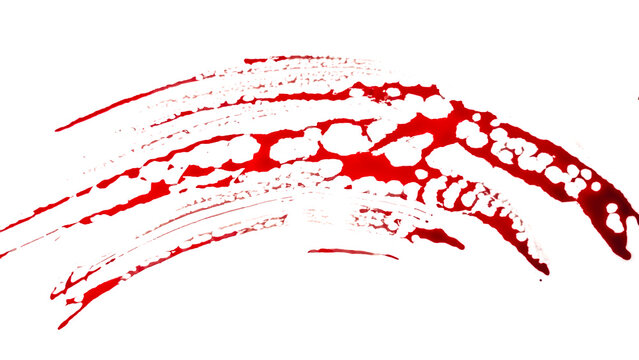 Red blood smear or brush stroke isolated on a white background, high-resolution texture for horror, crime, or artistic design projects.