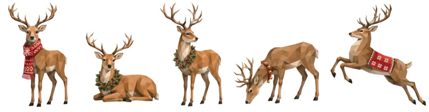 Christmas deer Low poly collection featuring five geometric reindeer in festive poses with scarves, wreaths and bells. Winter vector clipart isolated on white for holiday designs