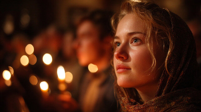 Woman in church lighting candles during a special service in the evening