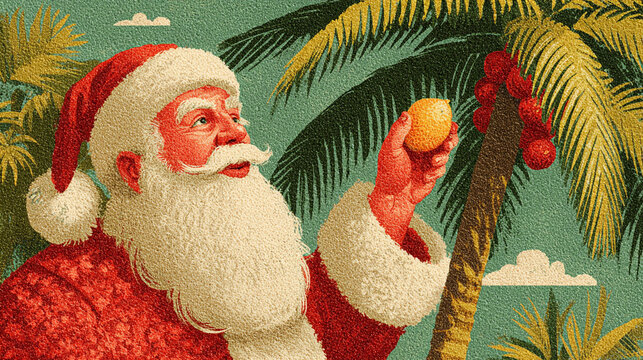 Claus decorates a palm tree with fruit during the holiday season in a tropical setting