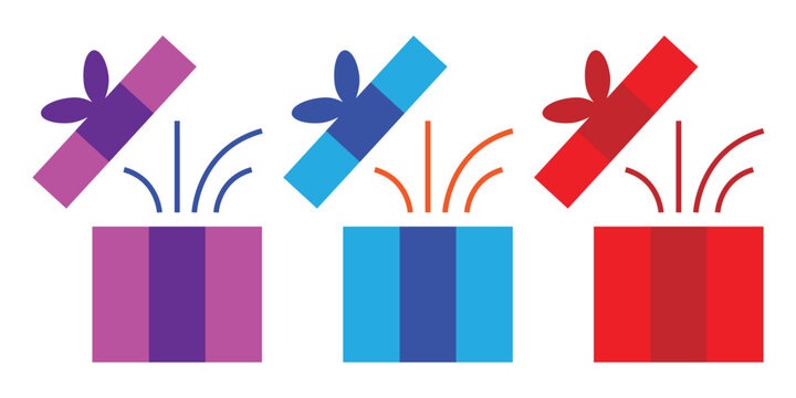 Three colorful gift boxes with open lids and confetti coming out isolated on white background.