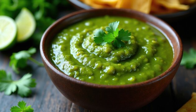 Green salsa verde sits in brown wooden bowl on dark surface. Fresh cilantro leaves garnish spicy vegetable dip made from jalapeno pepper. Homemade mexican sauce provides organic flavor for authentic