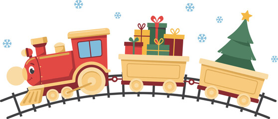 Naklejka premium Cartoon red christmas train carrying gifts and a pine tree on tracks