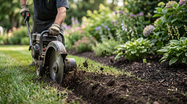 Gardener using rototiller to dig trench for garden bed landscaping