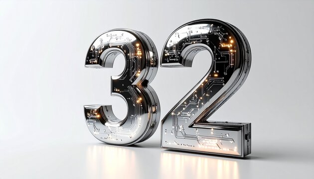 Modern Three Dimensional Digital Number Thirty Two With Intricate Circuit Board Texture Design