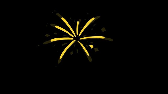 Hand drawing yellow sparks with stars on a black background. Golden fireworks rain animation in Full HD.