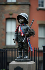 Fototapeta premium Bronze sculpture of small boy soldier wears oversized helmet, boots. Child statue holds rifle near red brick building wall. Polish uprising monument honors young fighter memory. Independence war