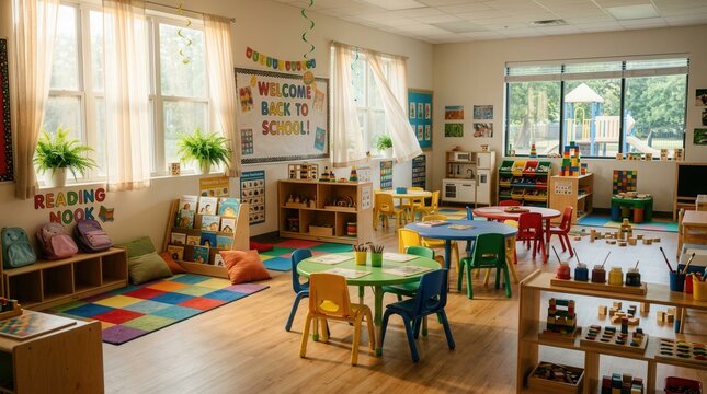 Bright empty elementary classroom with colorful tables and reading nook waiting for back to school season.