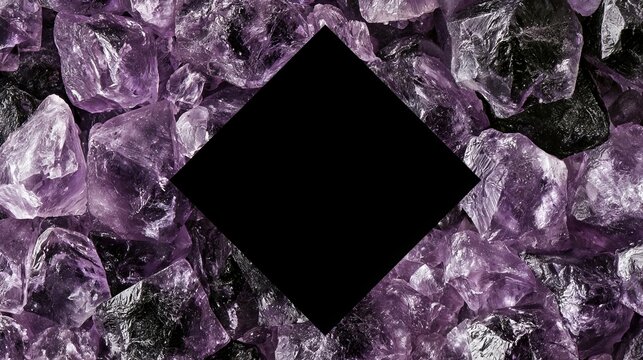 A striking close-up showcases raw amethyst crystals surrounding a dark diamond, highlighting the beauty of natural gemstones and mineral formations.
