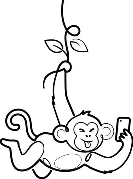 Line of a monkey hanging from a vine and taking a selfie