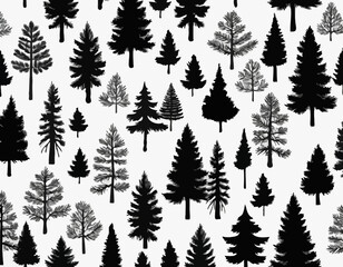 Obraz premium Pine and oak tree silhouette. Set of icons with black figures of spruce, pine, wild forest trees and woodland. Design Element for Logo. Flat vector illustration collection isolated on white .