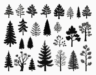 Obraz premium Pine and oak tree silhouette. Set of icons with black figures of spruce, pine, wild forest trees and woodland. Design Element for Logo. Flat vector illustration collection isolated on white .