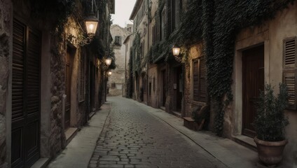 Fototapeta premium Charming European Alleyway with Cobblestone Street and Warm Lighting.