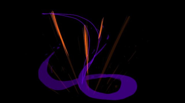 Dynamic orange strokes and a purple artistic line on a black background. Stock animation with chaotic artistic elements in Full HD.