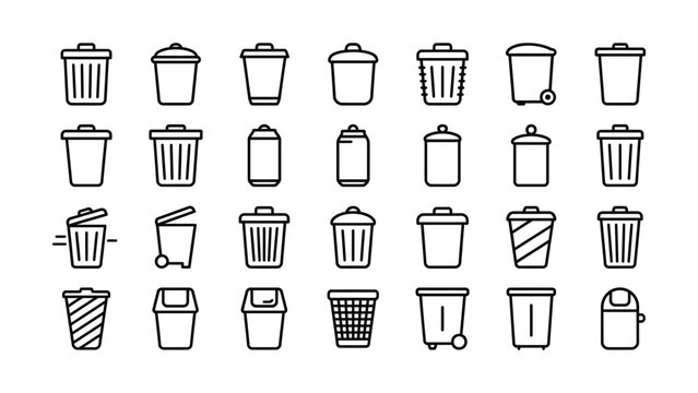 Black line icons of various trash cans on white background