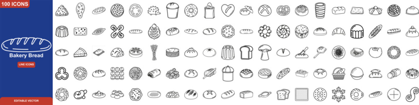 Bread and Bakery Line Icon Set. Containing Baguette, Croissant, Pretzel, Sourdough, Bagel, Toast, Pita, Focaccia, Rye, and International Artisanal Breads