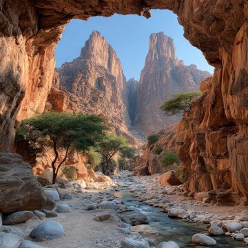 Ennedi Plateau Oasis - A Serene Desert Canyon Landscape.