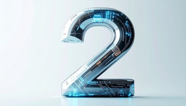 Futuristic 3D Number Two Render with High Tech Digital Circuitry and Blue Glowing Lights on White Background