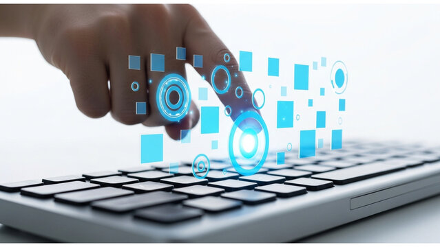 Digital human finger interacting with futuristic holographic interface above keyboard, concept for technology, innovation and data visualization, for app development, digital marketing and future