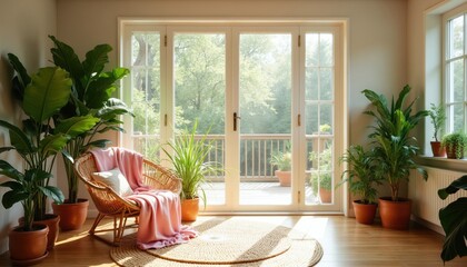 Fototapeta premium Bright cozy living room interior with rattan chair, pink soft blanket. Sunny home space features green indoor house plants near large glass terrace doors. Natural light fills house room decor with