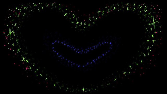 Hand-drawing heart shaped fireworks on a black background. Dotted cartoon celebration animation in Full HD.