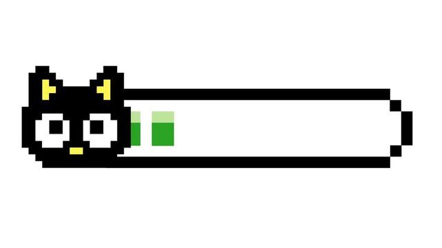 Classic pixel art loading indicator with an adorable black feline head, illustrating digital advancement, game interface, and vintage computer graphics
