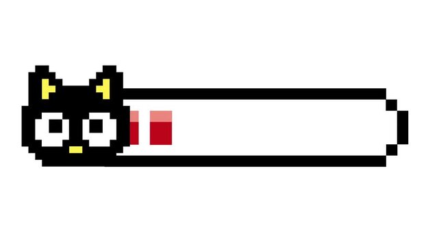 Pixel art black cat icon on a loading bar with red progress. This retro digital visual indicator is a charming graphic for modern interfaces