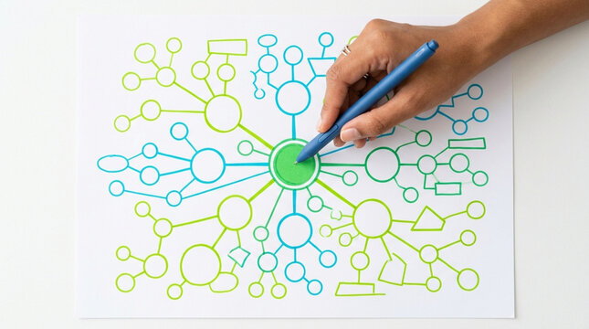 Creative hand drawing colorful network diagram with connected lines and shapes on white paper, concept for business strategy planning, education and innovation, teamwork and collaboration