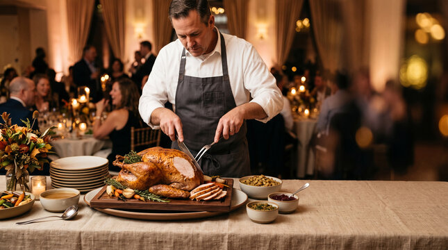 Chef carving roasted turkey for festive holiday dinner with guests in background