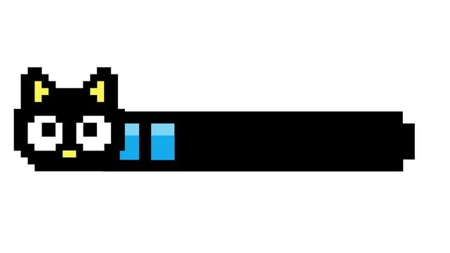 Charming pixel art black cat character with distinctive blue stripes, perfect for game UI and progress bars. A whimsical digital graphic, ideal for interactive experiences