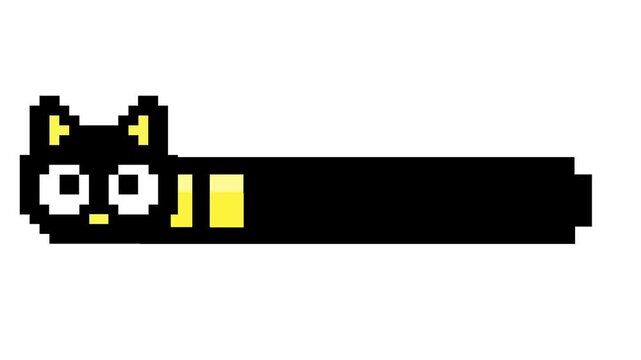 Charming pixel art black cat illustration, a minimalist digital graphic with stretched horizontal form and bright yellow eyes, perfect for retro design concepts
