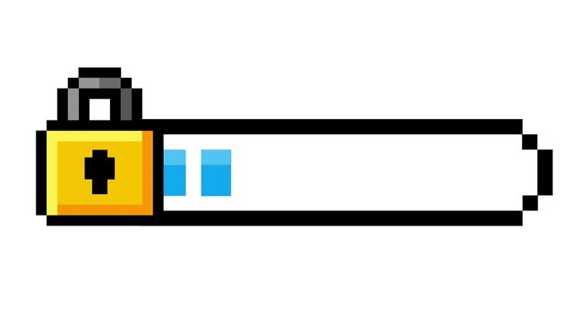 Retro pixel art loading bar icon with a secure padlock, symbolizing digital progress, data protection, and secure online processes in a classic 8-bit style graphic