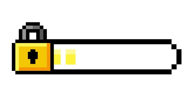 Retro 8-bit pixel art progress bar with a golden padlock symbol, indicating secure content, restricted access, or game progression, a vintage digital interface element