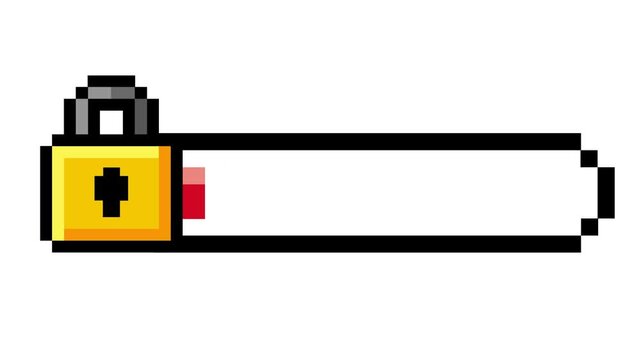 Pixel art progress bar with golden padlock, symbolizing secure game progression and digital security. Iconic graphic for locked content, level advancement in retro interfaces