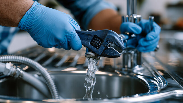 Experienced plumber wearing blue nitrile gloves repairing a leaking contemporary kitchen faucet with an adjustable wrench over a polished stainless steel sink, detailed plumbing components and flexi