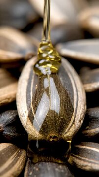 Pure golden sunflower oil dripping onto a natural seed, organic vegetable oil concept for health and cooking