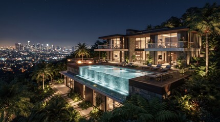 Fototapeta premium Modern hillside residence with transparent infinity pool at night