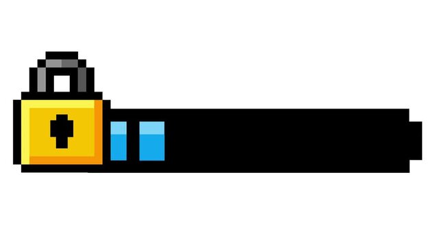 Pixelated golden padlock icon combined with a progress bar, symbolizing locked content, secure status, or restricted access in a retro video game interface, conveying digital protection