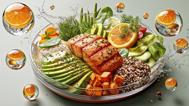 illustrated  plate divided into healthy eating portions, colorful vegetables, grilled salmon, avocado, concept of wellness