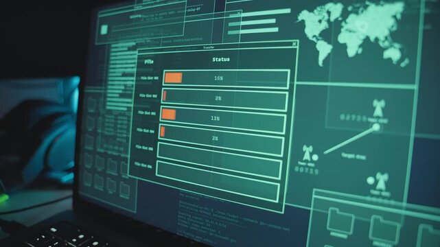 Close up on laptop screen transferring data and files with FTP app by hacker. Computer at night in dark room uploading secret classified information and private confidential documents. Security breach