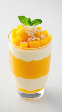 Tropical fusion dessert combining panna cotta with mango puree and coconut pearls.