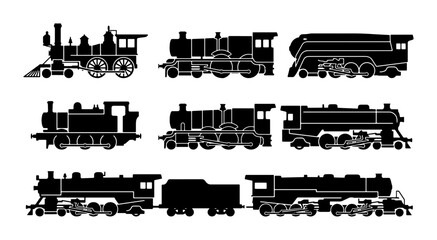 Obraz premium Vintage Steam Train Silhouettes, Retro Locomotive Icons, Classic Railroad Engine Collection